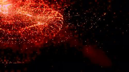 Partículas de loop renderizadas abstratas, chamas alaranjadas brilhantes em fundo escuro.