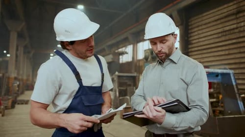Engineer Shaking Hands and Discussing Factory Equipment with Technician