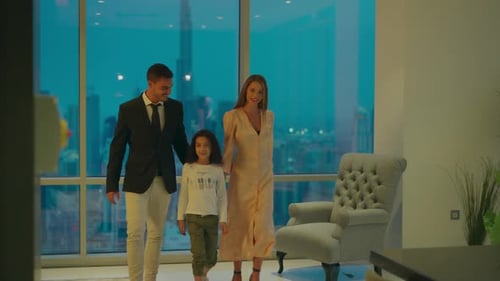 Family Walks in Luxury Urban Apartment at Night