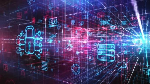 Futuristic Digital Network with Glowing Technology Icons Loop