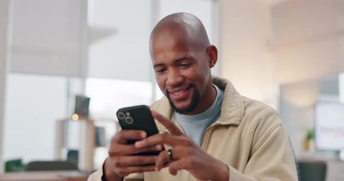 Business, black man or laughing for phone in office for social media meme