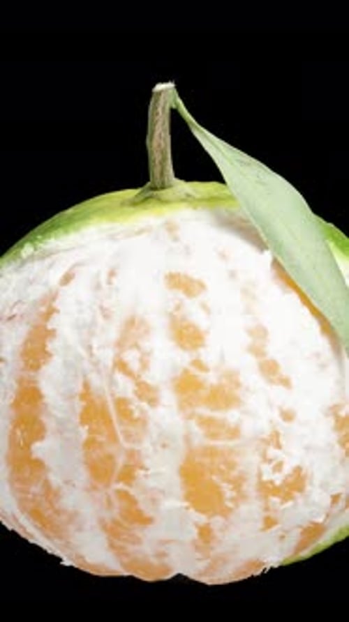 Vertical video. A half-peeled Tangerine with green peel and a twig with a leaf cyclically rotates.
