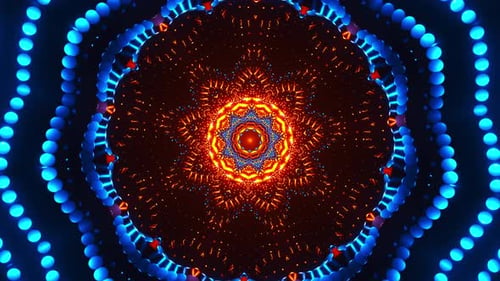 Blue and orange circular pattern with lights. Kaleidoscope VJ loop