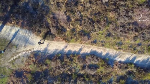 Aerial drone shot of person walking on a path in nature national park.