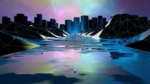Futuristic 80s Electric Synthwave Ethereal Sunset Cityscape Driving Loop Background