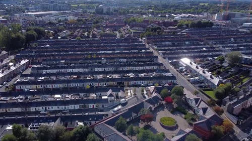 Aerial Panning Shot of a Row House Neighborhood in Dublin, Ireland