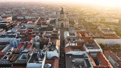 Aerial view of Budapest city skyline and St. Stephen's Basilica at sunrise, Hungary