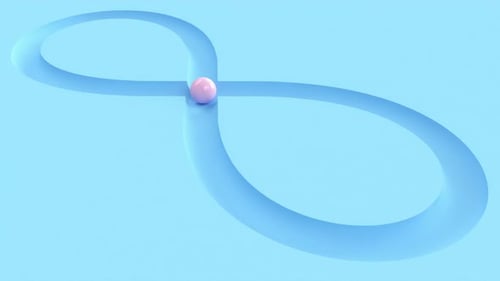 3D pink glossy ball rolling along a sky blue infinite path. Infinite endless shape on the game.
