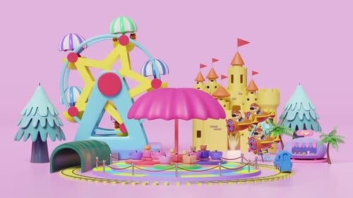 Cartoon Amusement Park with Rides and Castle