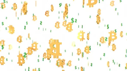 Shiny Gold Bitcoin Symbols Rising Against Falling Green Dollar Signs - 4K