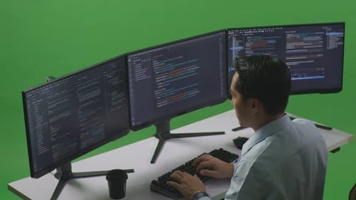 Side View Of Asian Man Developer Using Computer To Write Code With Multiple Screens In Green Screen