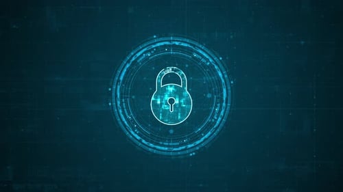 Blue digital security key logo and circle futuristic HUD elements