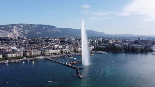 Aerial View Of The Geneva Water Fountain, Iconic Jet d'Eau In Geneva, Switzerland.