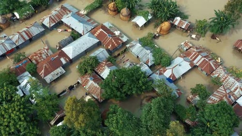 Aerial view of flooded village, Bangladesh.