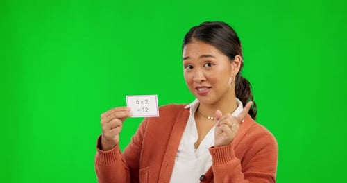 School, teacher and learning math on green screen with numbers, calculation