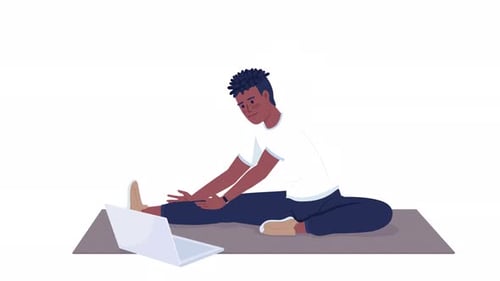 Flat Design Animation of Person Stretching Exercise with Laptop