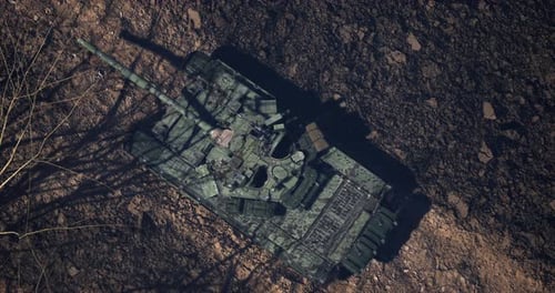 Aerial View of Military Tank Exploding and Burning on Battlefield