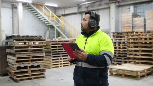 Warehouse Worker Using Tablet in Slow Motion