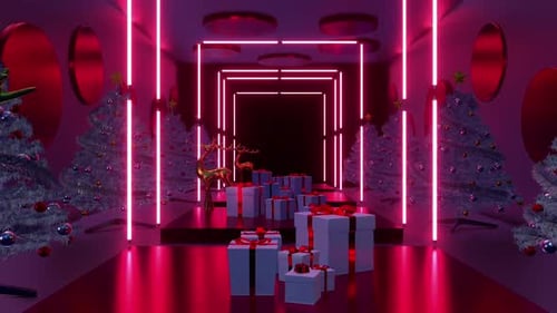 Glowing Neon Christmas Corridor with Presents and Reindeer