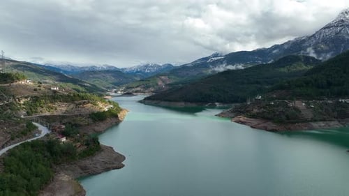 Mountain River High in the Mountains Aerial View