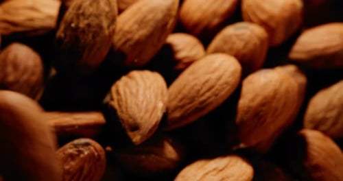 close-up throwing almonds on an already big pile of almonds covering the whole screen