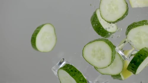Cucumber and lemon falling into transparent water on white grey background