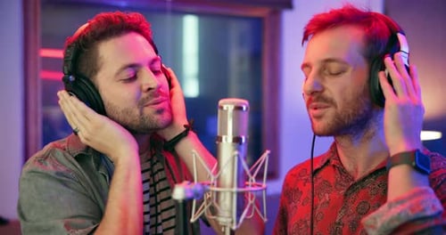 Music, production and people with singing in studio for entertainment, recording and sound media