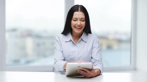 Office, Business, Education, Technology and Internet Concept - Businesswoman or Student With