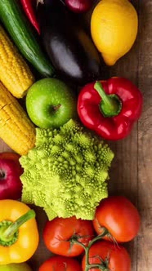 Fresh Fruits and Vegetables Placed on Rustic Wooden Surface