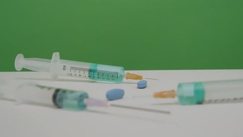 Syringes and Blue Pills on White Surface