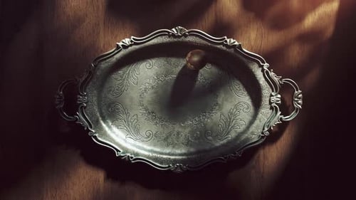 Elegant Ornate Silver Tray with Rolling Object and Dynamic Lighting