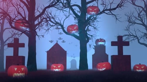 Spooky Halloween Graveyard Background with Flying Bats and Pumpkins