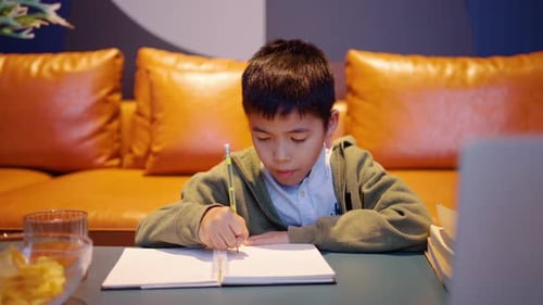 Portrait of asian boy sits at a table, focused on completing his homework, and looks at the camera