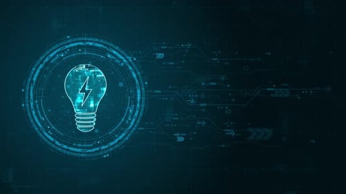 Blue digital lamp logo and circle futuristic HUD elements with flowing arrows