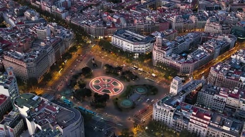 Aerial view of Passeig de Gracia and Plaça Catalunya (Catalonia Square) in Barcelona at night