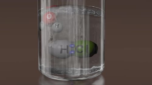 Disociación química del ácido clorhídrico en agua