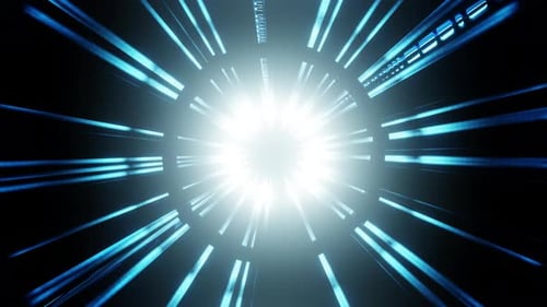 Bright flash of light from one blue point on black background, overlay 3D render. Big bang
