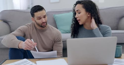 Stress, laptop and financial crisis with a couple worried about accounting during depression