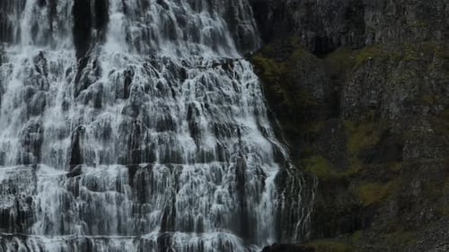 Aerial view of a beautiful waterfall in highlands region of Iceland.