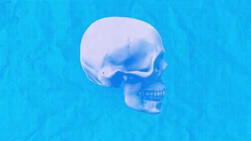 Rotating Blue Human Skull in Retro Grunge Style Loop