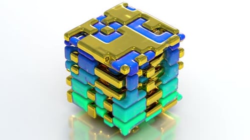 Abstract Geometric Cube with Interlocking Gold and Glossy Elements