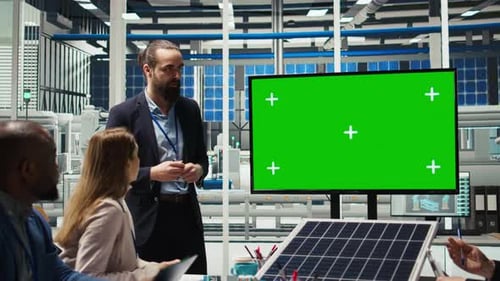Photovoltaics Plant Researchers Evaluating Energy Production on Mockup Monitor