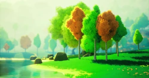 Lush Green Landscape with Colorful Trees Near Serene Water Body