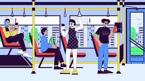 Flat Design Animation of Diverse People Using Smartphones on a Bus