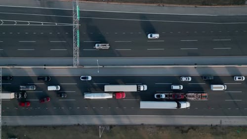 Aerial Drone Flight Top Down View of Busy City Rush Hour Heavy Traffic Jam Highway