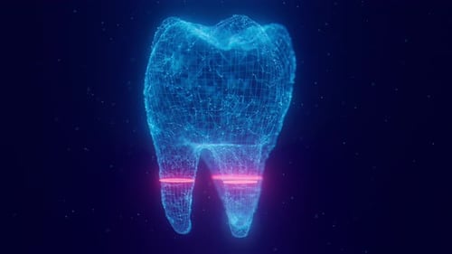 Rotating Digital Tooth Constructed with Glowing Points Dots and Scanning Laser Motion Tooth with