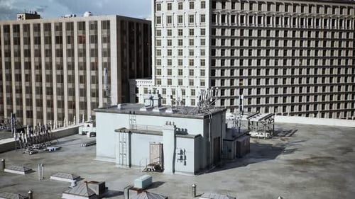 A Skyscraper Towering Over a Neighboring Building with a Unique Roof Design