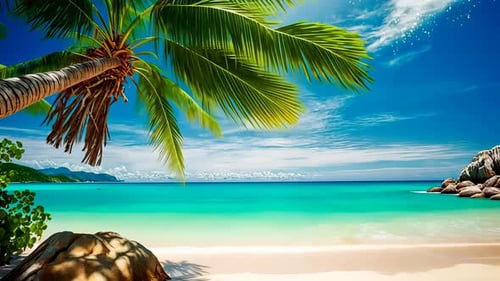 Strandszene im tropischen Paradies. Üppige Palmen beschatten einen unberührten Sandstrand