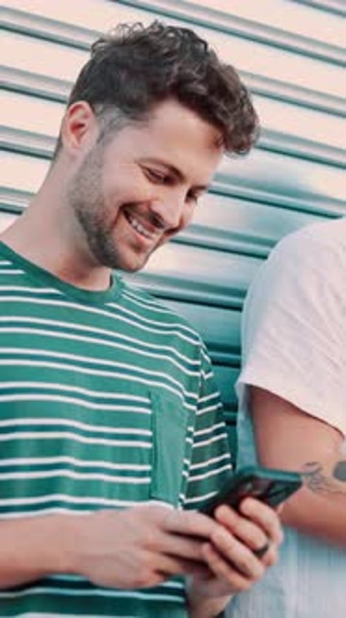 Funny, phone and text message with man outdoor for reaction to meme or social media post