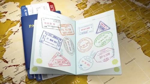 Animated Passports with Travel Stamps and Boarding Passes on World Map